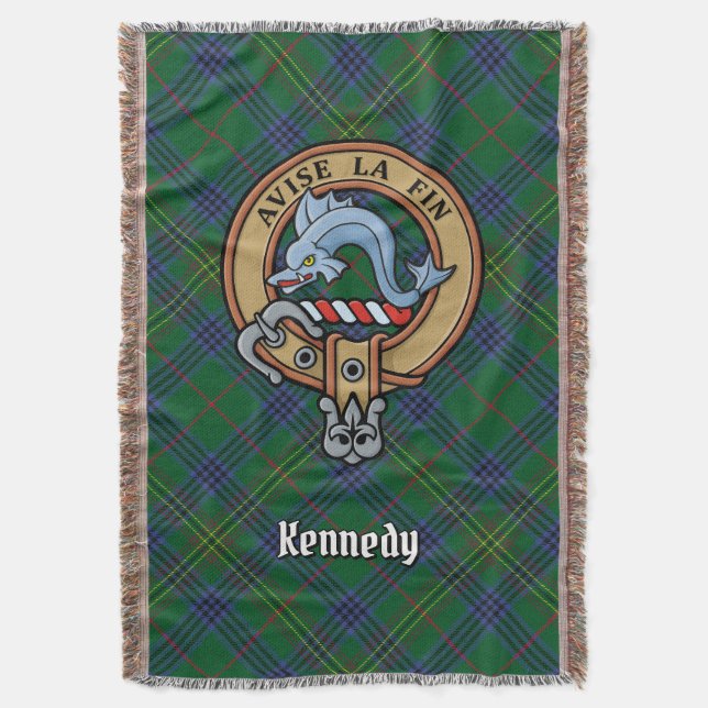 Clan Kennedy Crest over Tartan Throw Blanket (Front Vertical)