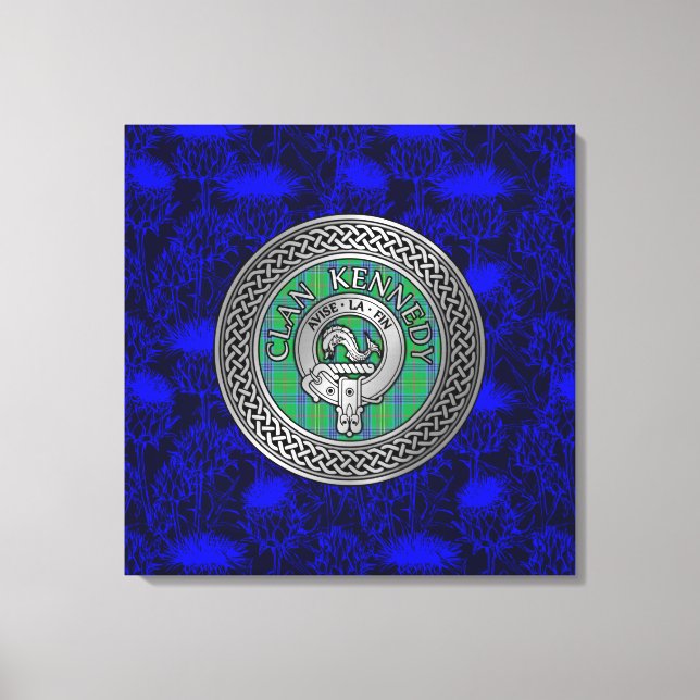 Clan Kennedy Crest & Tartan Knot on Thistle Canvas Print (Front)