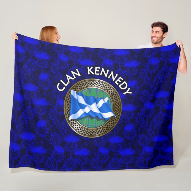 Clan Kennedy Tartan Knot & Flag Fleece Blanket (In Situ)