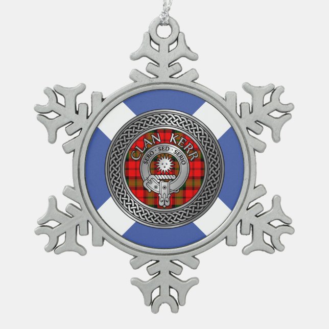 Clan Kerr Crest & Tartan Knot Snowflake Pewter Christmas Ornament (Front)