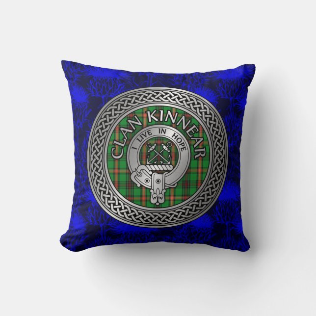Clan Kinnear Crest & Tartan Knot Throw Pillow (Front)