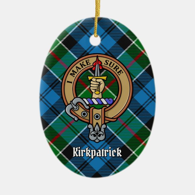 Clan Kirkpatrick Crest over Tartan Ceramic Ornament (Front)