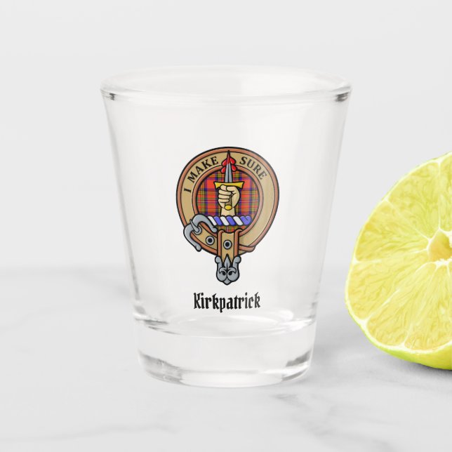 Clan Kirkpatrick Crest over Tartan Shot Glass (Front)