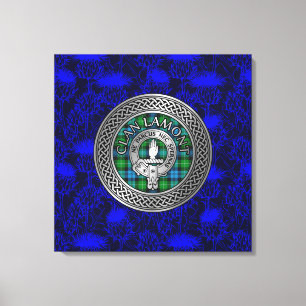 Clan Lamont Crest & Tartan Knot on Thistle Canvas Print