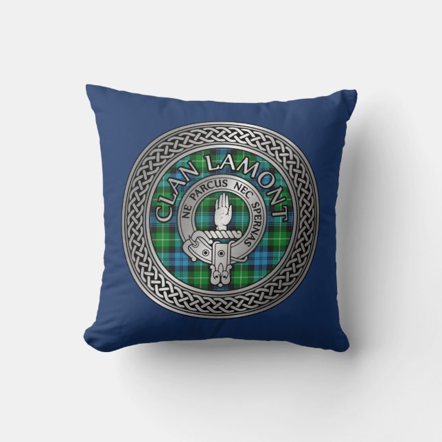 Clan Lamont Crest & Tartan Knot Throw Pillow (Front)