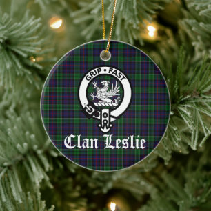 Clan Leslie Crest Badge and Tartan Ceramic Ornament