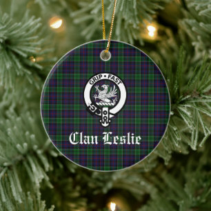 Clan Leslie Crest Badge and Tartan Customizable Ceramic Ornament