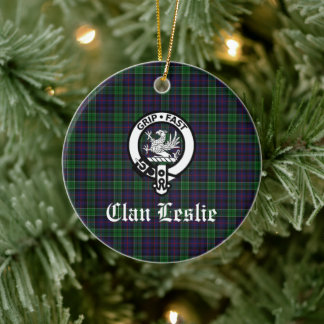 Clan Leslie Crest Badge and Tartan Customizable Ceramic Ornament