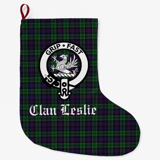 Clan Leslie Crest Badge and Tartan Customizable Large Christmas Stocking (Front)