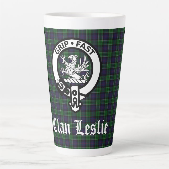 Clan Leslie Crest Badge and Tartan Latte Mug (Front)