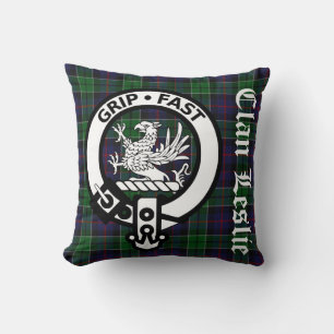 Clan Leslie Crest Badge & Tartan Throw Pillow