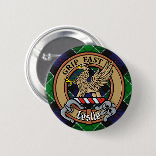 Clan Leslie Crest over Hunting Tartan 2 Inch Round Button