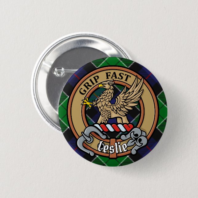 Clan Leslie Crest over Hunting Tartan 2 Inch Round Button (Front & Back)