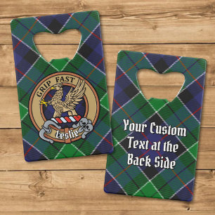 Clan Leslie Crest over Hunting Tartan Credit Card Bottle Opener
