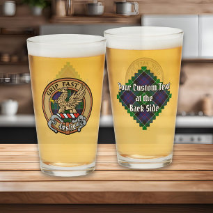 Clan Leslie Crest over Hunting Tartan Glass