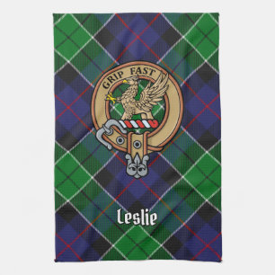 Clan Leslie Crest over Hunting Tartan Kitchen Towel