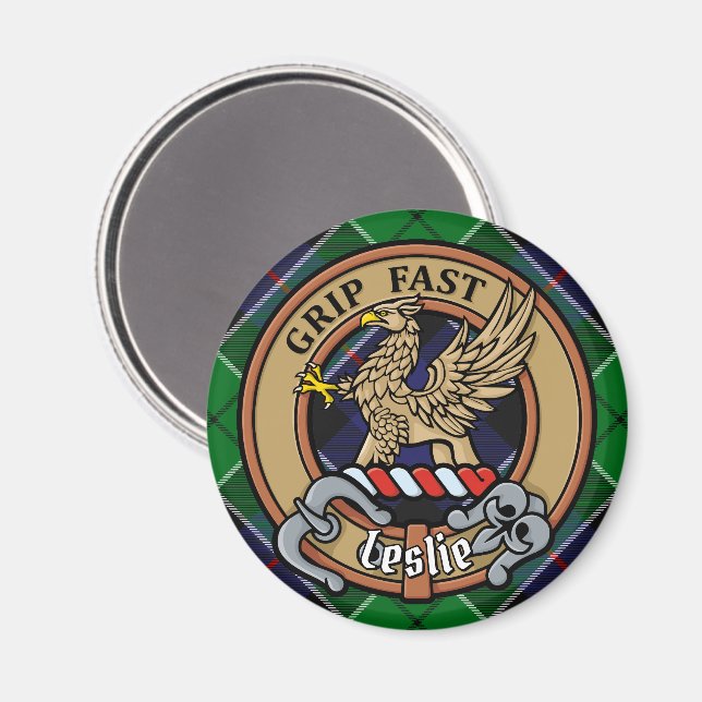Clan Leslie Crest over Hunting Tartan Magnet (Front/Back)