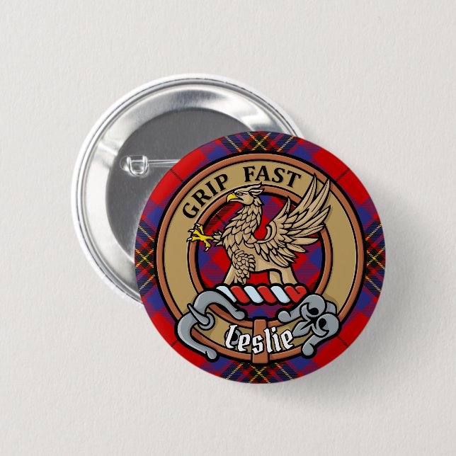 Clan Leslie Crest over Red Tartan 2 Inch Round Button (Front & Back)