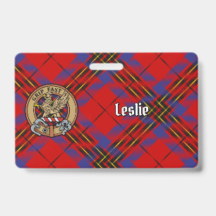 Clan Leslie Crest over Red Tartan Badge