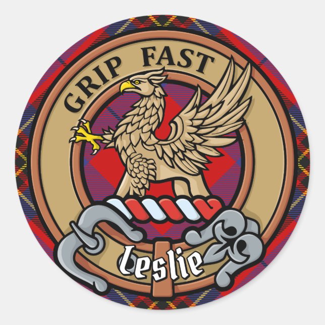 Clan Leslie Crest over Red Tartan Classic Round Sticker (Front)