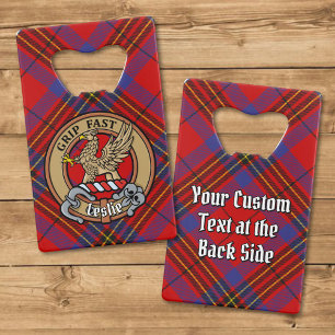 Clan Leslie Crest over Red Tartan Credit Card Bottle Opener