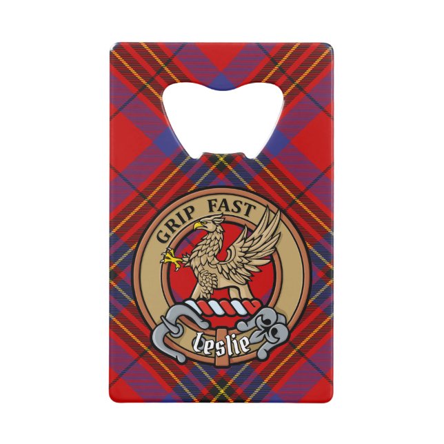 Clan Leslie Crest over Red Tartan Credit Card Bottle Opener (Front)