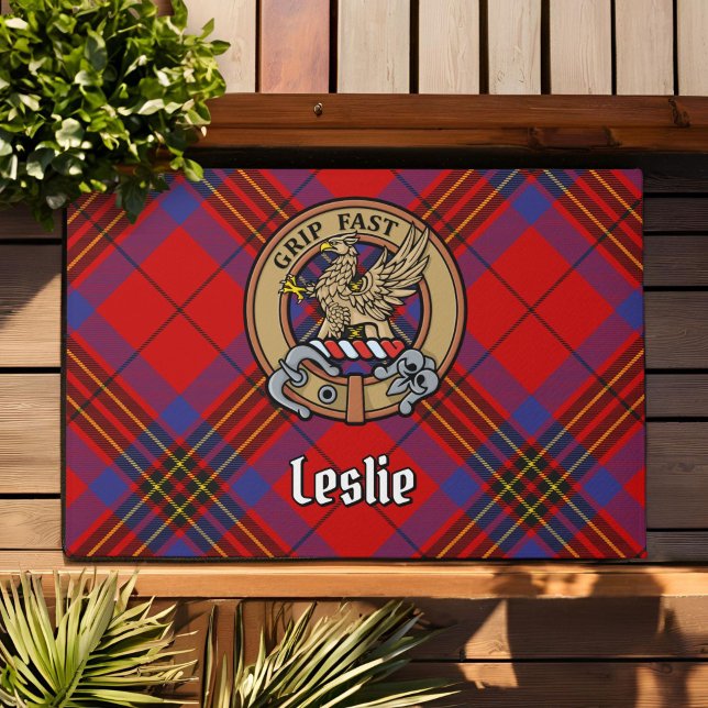 Clan Leslie Crest over Red Tartan Doormat (Creator Uploaded)
