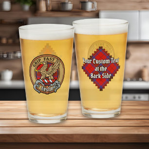 Clan Leslie Crest over Red Tartan Glass