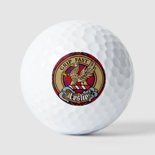 Clan Leslie Crest over Red Tartan Golf Balls (Front)