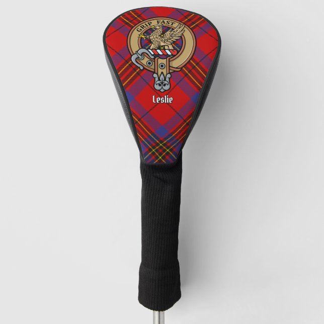 Clan Leslie Crest over Red Tartan Golf Head Cover (Front)