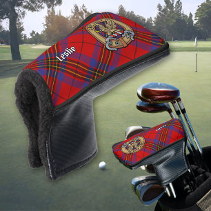 Clan Leslie Crest over Red Tartan Golf Head Cover