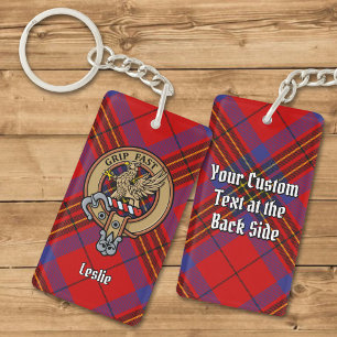 Clan Leslie Crest over Red Tartan Keychain