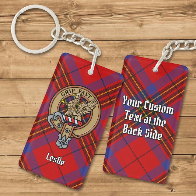 Clan Leslie Crest over Red Tartan Keychain (Creator Uploaded)