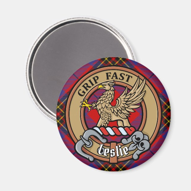 Clan Leslie Crest over Red Tartan Magnet (Front/Back)