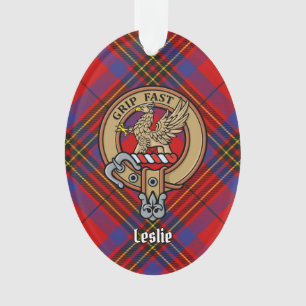Clan Leslie Crest over Red Tartan Ornament