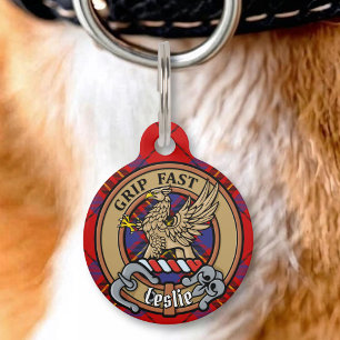 Clan Leslie Crest over Red Tartan Pet Tag