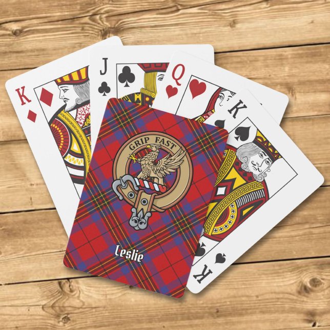 Clan Leslie Crest over Red Tartan Playing Cards (Creator Uploaded)