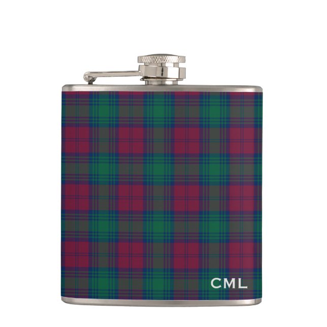 Clan Lindsay Tartan Monogrammed Hip Flask (Front)