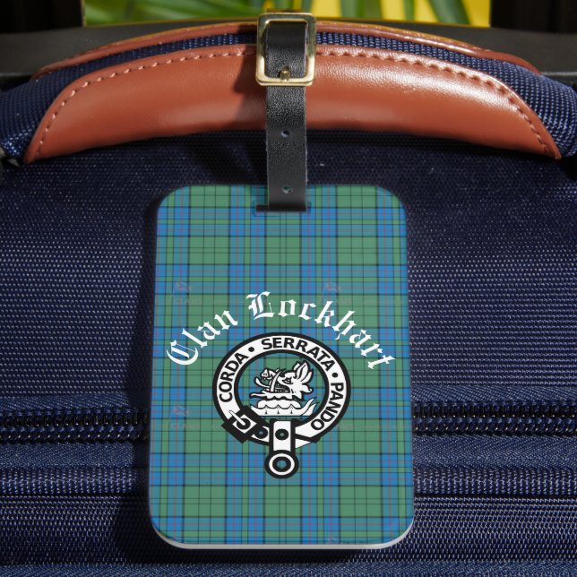 Clan Lockhart Crest Badge & Tartan Luggage Tag (Front Insitu 2)