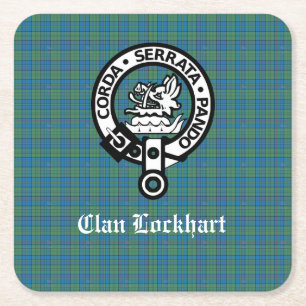 Clan Lockhart Crest Badge & Tartan Square Paper Coaster