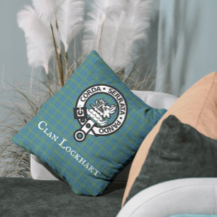Clan Lockhart Crest Badge & Tartan Throw Pillow