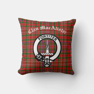 Clan MacAlister Crest Badge & Tartan  Throw Pillow