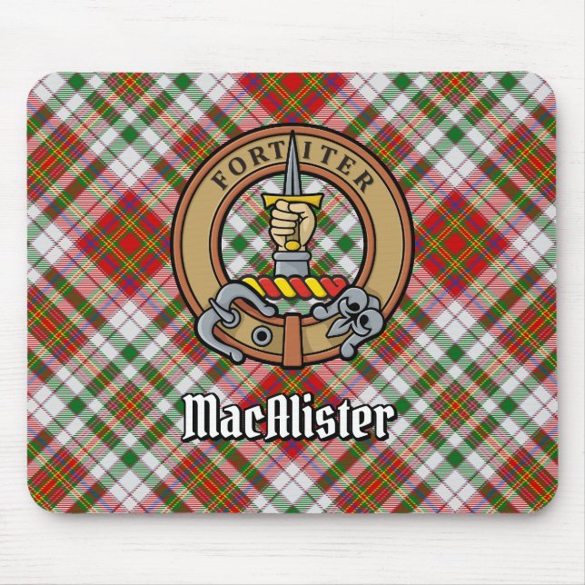 Clan MacAlister Crest over Dress Tartan Mouse Pad (Front)