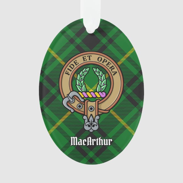 Clan MacArthur Crest over Tartan Ornament (Front)