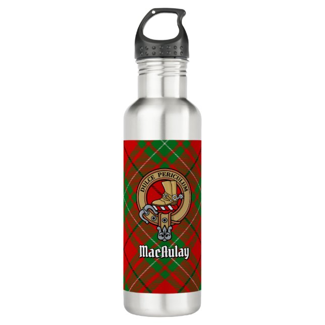 Clan MacAulay Crest over Tartan 710 Ml Water Bottle (Front)