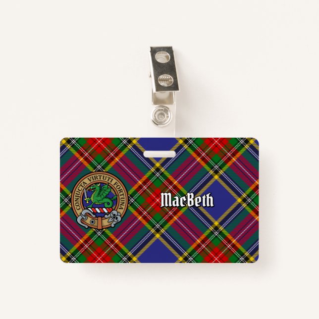 Clan MacBeth Crest over Tartan Badge (Front with Clip)