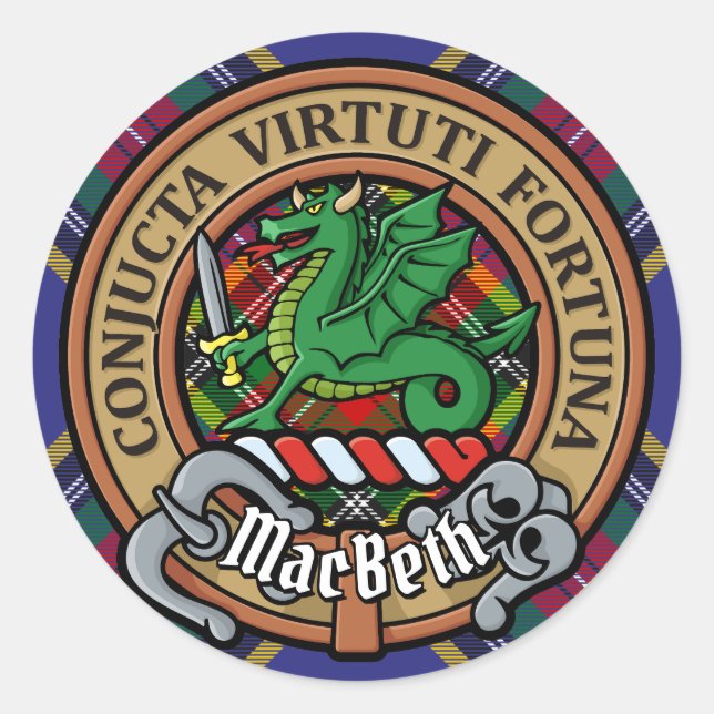 Clan MacBeth Crest over Tartan Classic Round Sticker (Front)