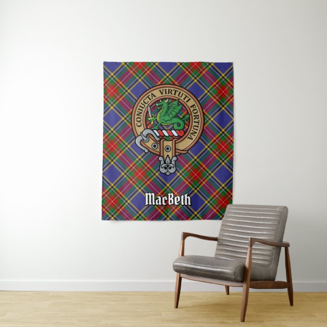 Clan MacBeth Crest over Tartan Tapestry (In Situ)