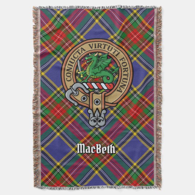 Clan MacBeth Crest over Tartan Throw Blanket (Front Vertical)