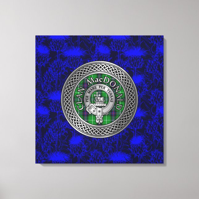 Clan MacDonald Crest & Tartan Knot on Thistle Canvas Print (Front)